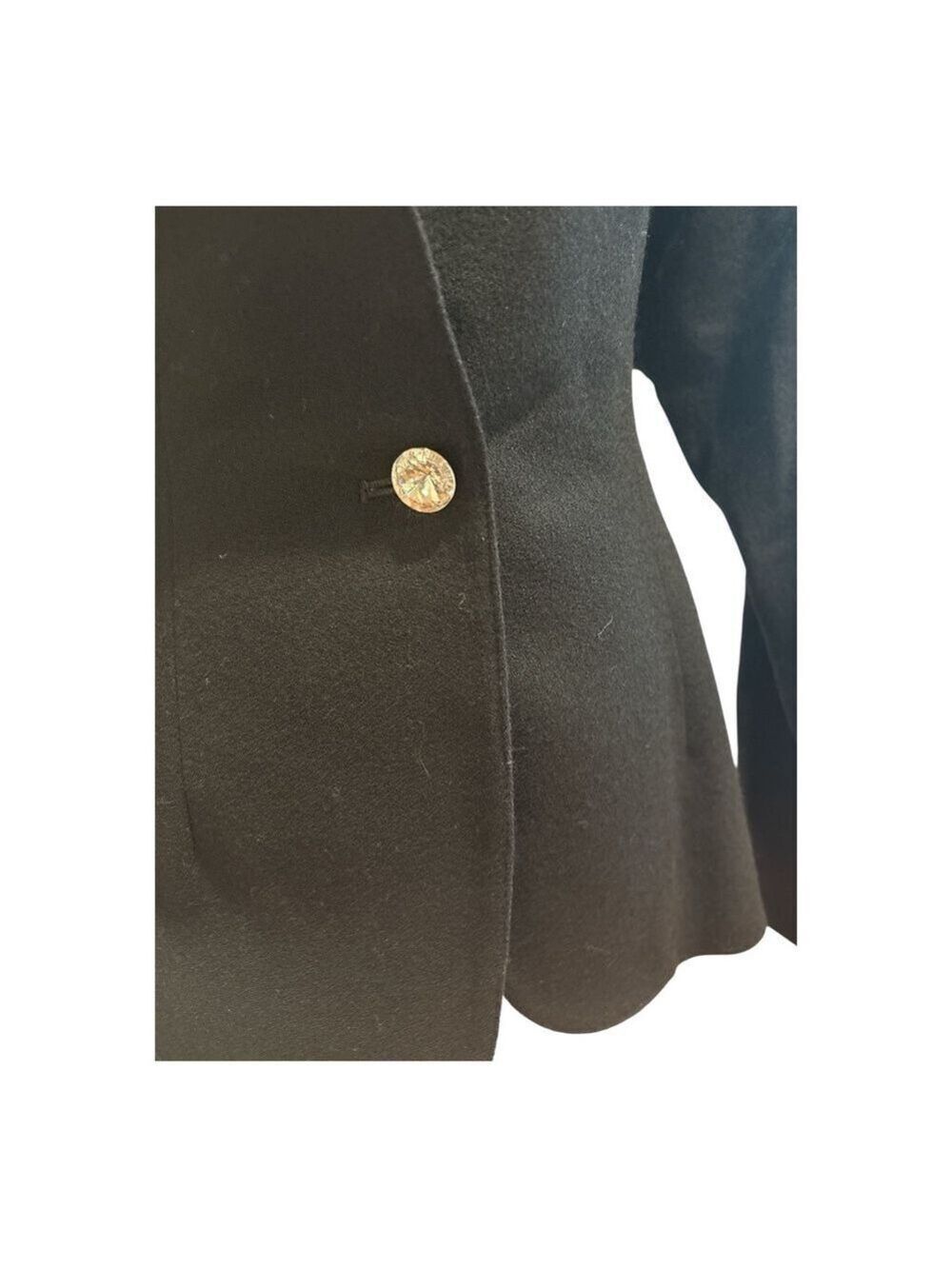 80s ANNE KLEIN CREPE WOOL BLACK BLAZER RAGLAN SLEEVES & RHINESTONE BUTTON SZ 10 - Picture 6 of 8
